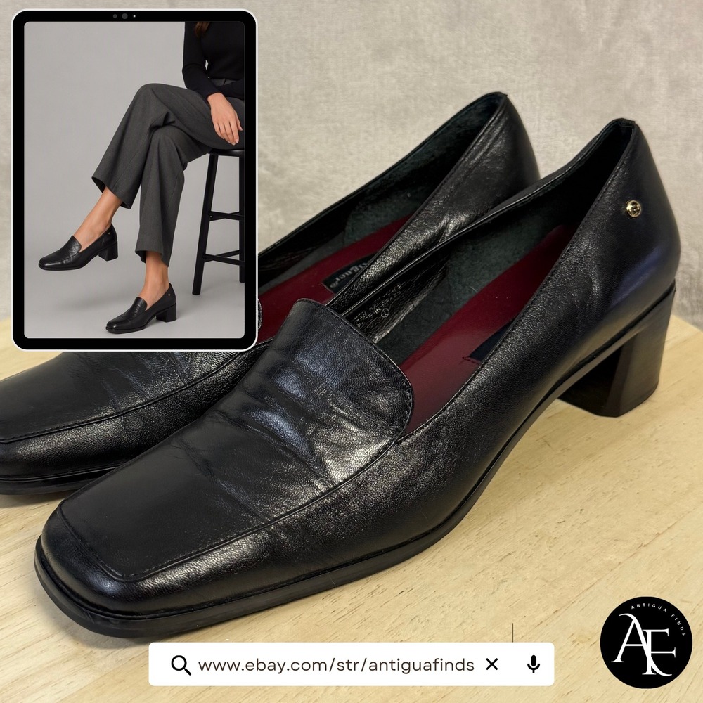 Etienne Aigner Status Black Leather Square Toe Block Heel Loafer Pumps Women 10M - Picture 1 of 16